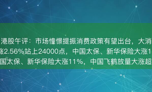 港股午评：市场憧憬提振消费政策有望出台，大消费股大涨！恒指大涨2.56%站上24000点，中国太保、新华保险大涨11%，中国飞鹤放量大涨超14%